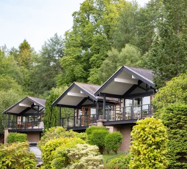 Modern Cameron Lodges overlooking landscaped gardens, surrounded by lush green trees on the hillside near Loch Lomond.