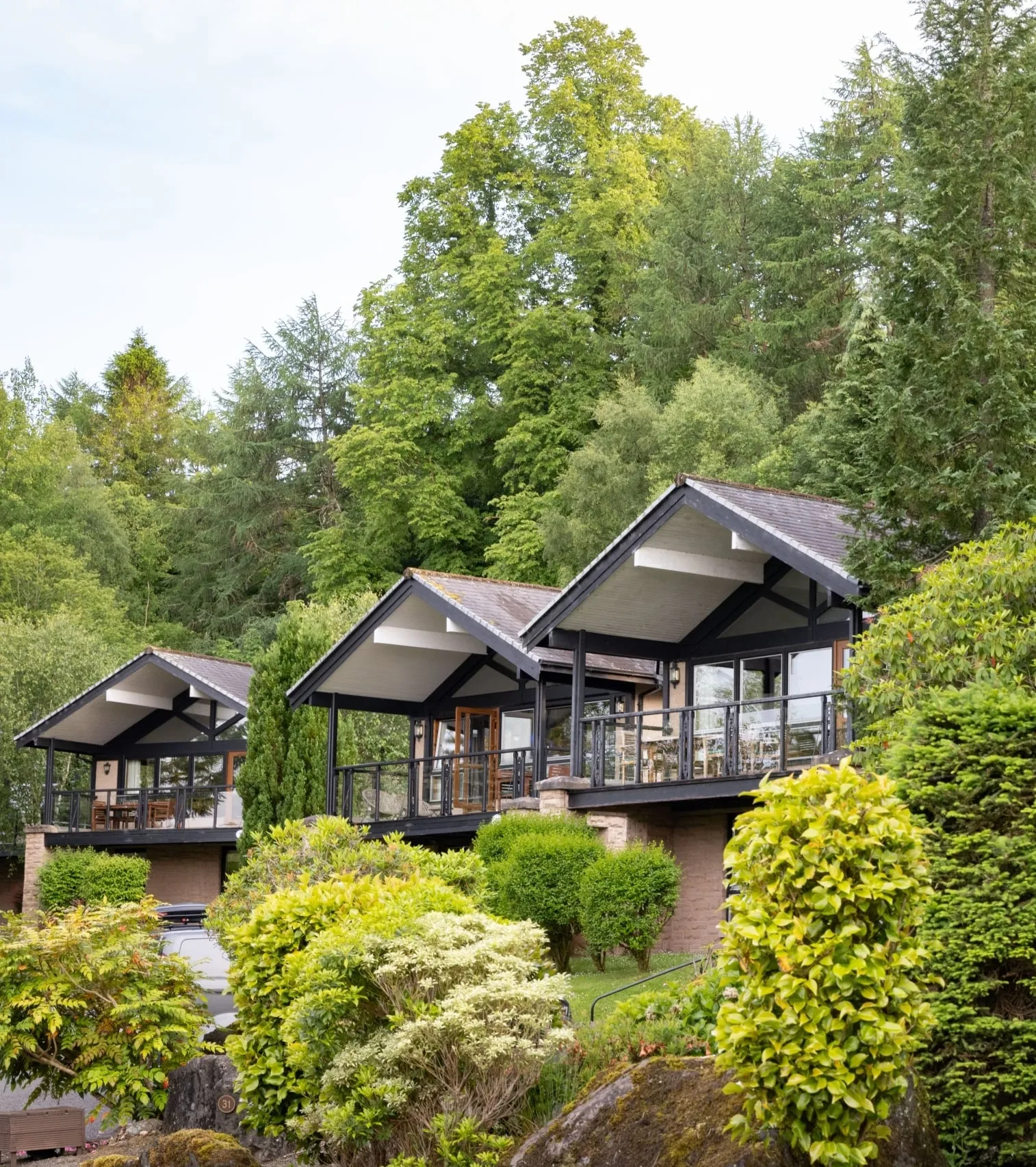 Modern Cameron Lodges overlooking landscaped gardens, surrounded by lush green trees on the hillside near Loch Lomond.