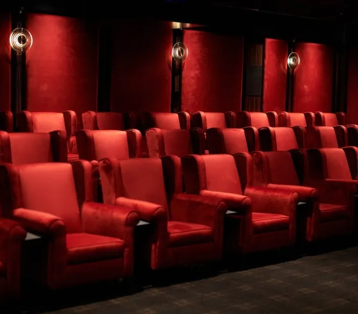 Cameron House cinema featuring three rows or red seats and lights.