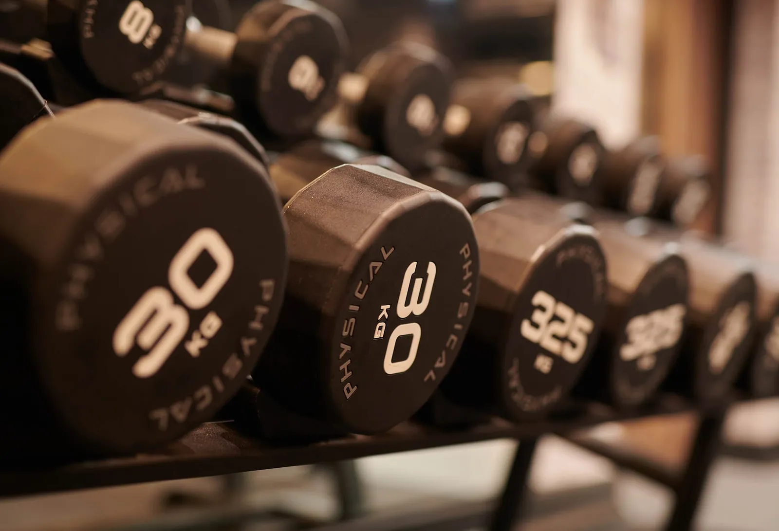 close up view of 30 pound dumbells sittings on a weight rack
