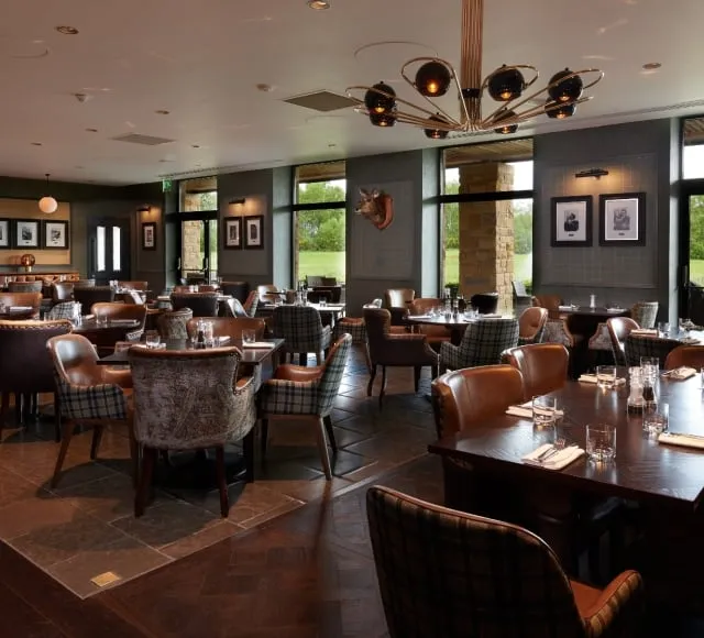 chairs and tables in a dining room with windows showing the outdoor greenery